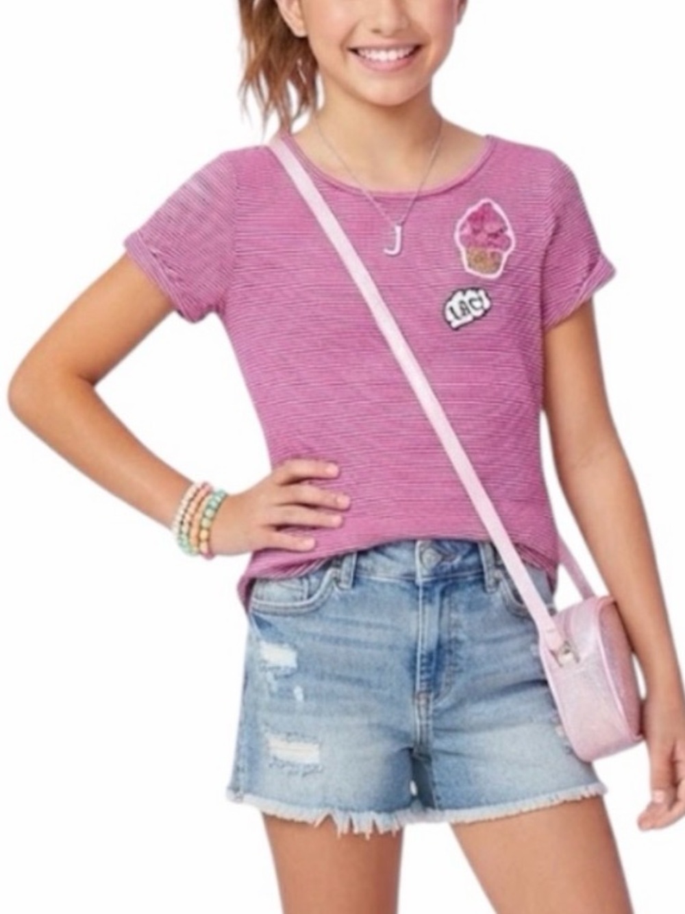 JUSTICE Kids Y2K Resortwear LOL Ice Cream Sequin Striped Cap Sleeve Tee Pink 14Y